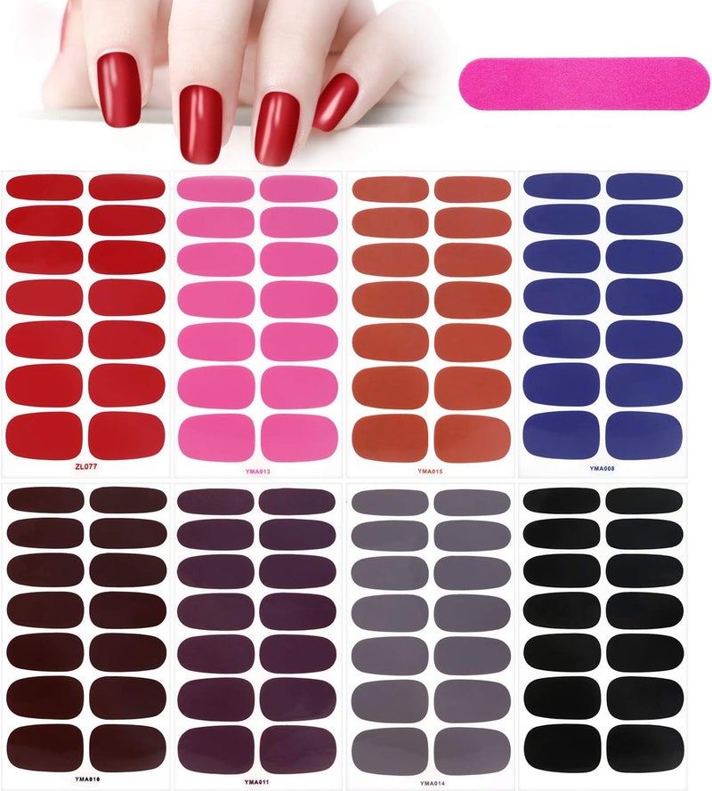 MWOOT 8 Sheets Solid Color Full Wraps Nail Stickers With File SelfAdhesive Art Polish Strips Decals for DIY Manicure Tips Decoration