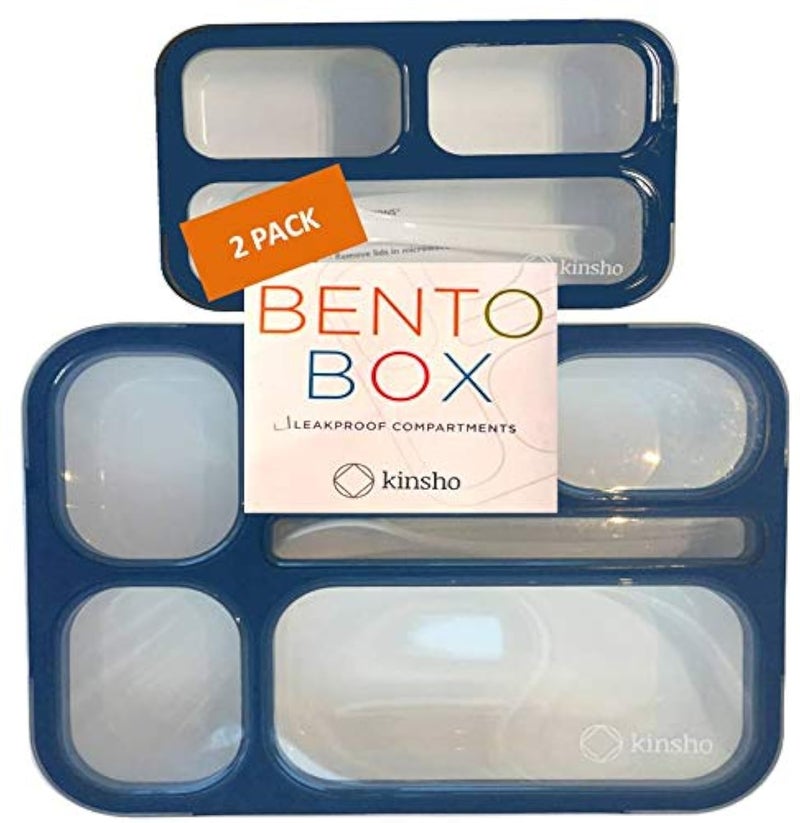 kinsho Bento LunchBox Set for Kids includes Snack Container  6 and 3 Compartment Boxes Leakproof School Bentos Meal Portion Control Containers Boys Girls Adults Navy Blue Large  MINI 2 Pack Set