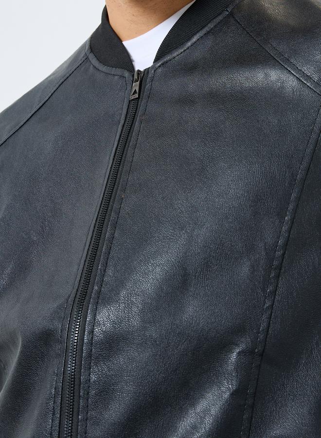 ستايلي جاكيت بمظهر الجلد مع قصة مريحة وسحَّاب - Image 5