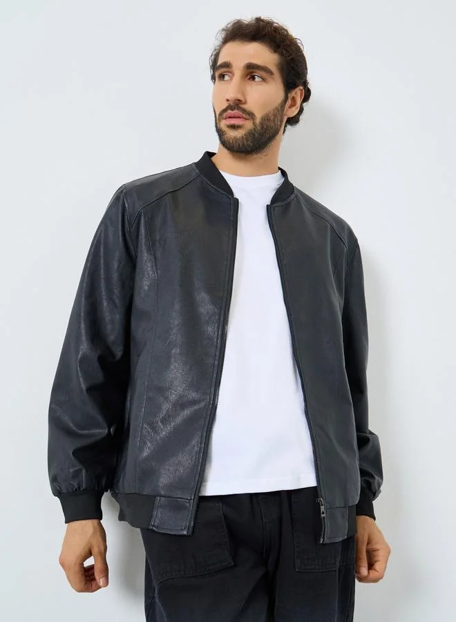 Styli Men Relaxed Fit Leather Look Jacket with Zip