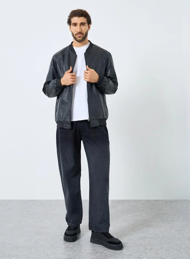 Styli Men Relaxed Fit Leather Look Jacket with Zip