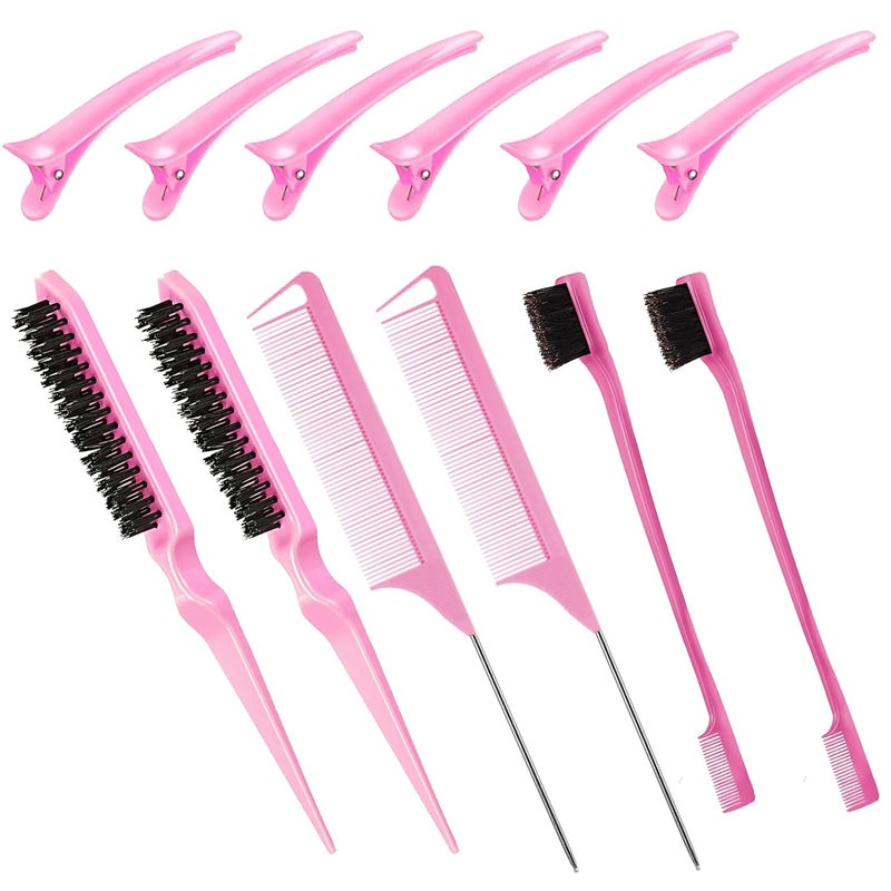 Goiple Hair Styling Brush Set 12 Pieces Nylon Teasing Hair Brush Rat Tail Comb with Duckbill Clips Double Sided Edge Brush for Edge  Back Brushing Combing Slicking Hair for Women Girls Pink