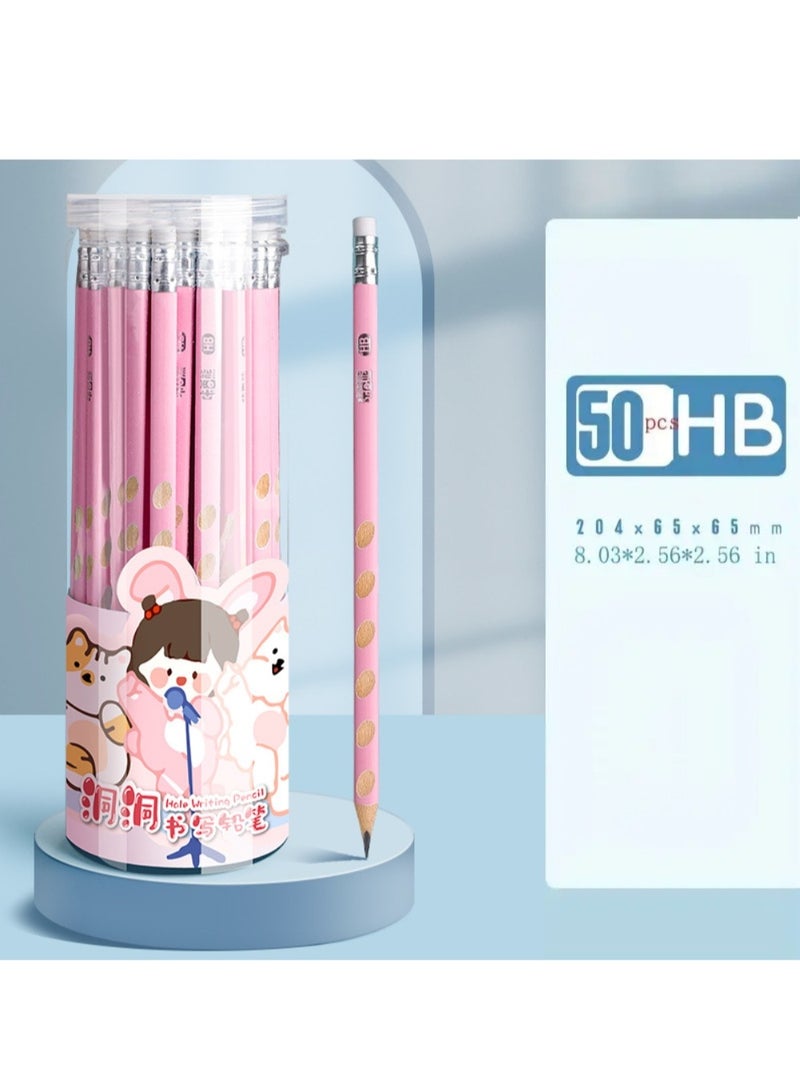 50pcs Pencil with Eraser Hole Pencil Correction Grip HB Triangle Grip Beginners HB Writing Pencil (Pink Cute Girl) - Image 1
