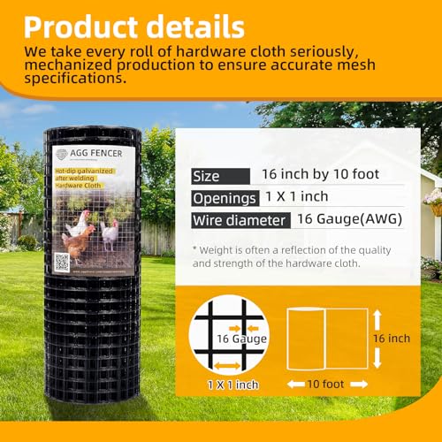 AggFencer 16in x 10ft Black Hardware Cloth 1 inch 16Ga PVC Coated Wire Mesh Vinyl Coated Fence, Welded Metal Chicken Wire Fencing Roll, Garden Plant Fencing, for Chicken Coop and Home Improvement - Image 2