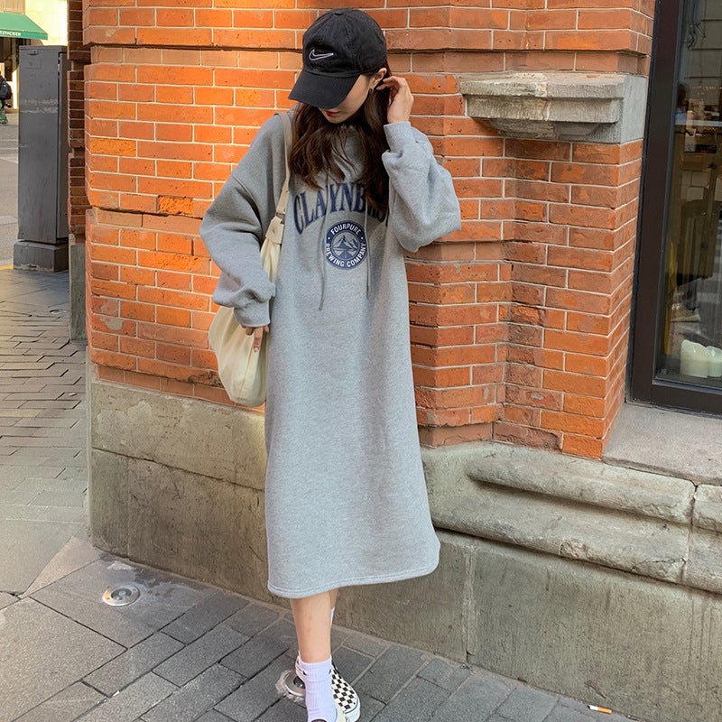 Mid-length over-the-knee hooded sweater skirt womens 2022 autumn and winter New velvet padded slim fashion casual skirt Dark Blue - Image 2
