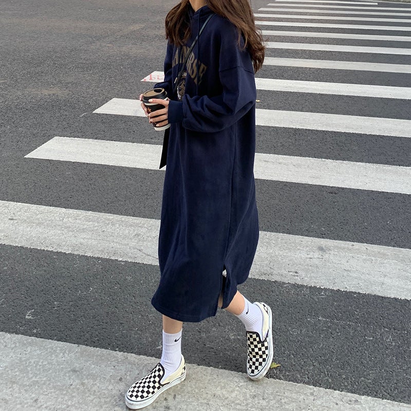 Mid-length over-the-knee hooded sweater skirt womens 2022 autumn and winter New velvet padded slim fashion casual skirt Dark Blue - Image 1