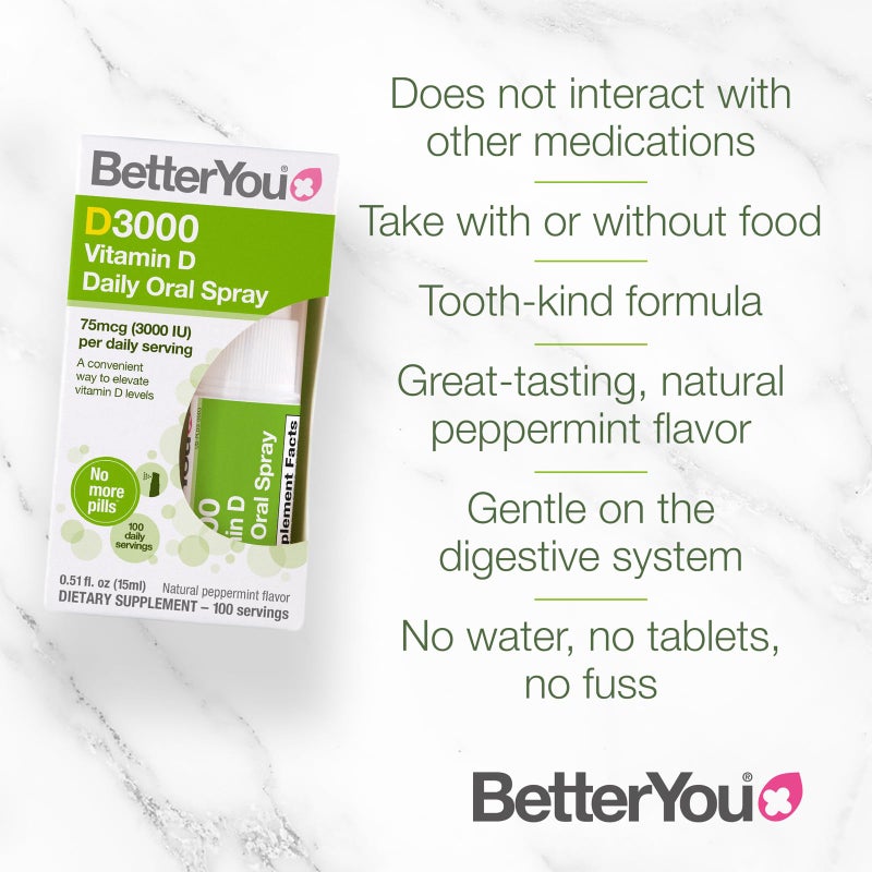 BetterYou D3000 Vitamin D Oral Spray - Convenient Alternative for Tablets - Promotes Strong Bones, Teeth and Immune System - Aids in Calcium Absorption - Natural Peppermint Flavor - 0.5 oz - Image 5