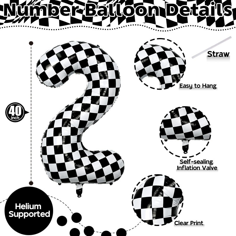 Isndare 40 Inch 2nd Birthday Number Balloon, Checkered Foil Self Inflating 2 Balloons Decor, Big Black and White Racing Helium Number 2 Balloons for Girls Boys Birthday Race Car Flag Party Decoration Supplies - Image 2