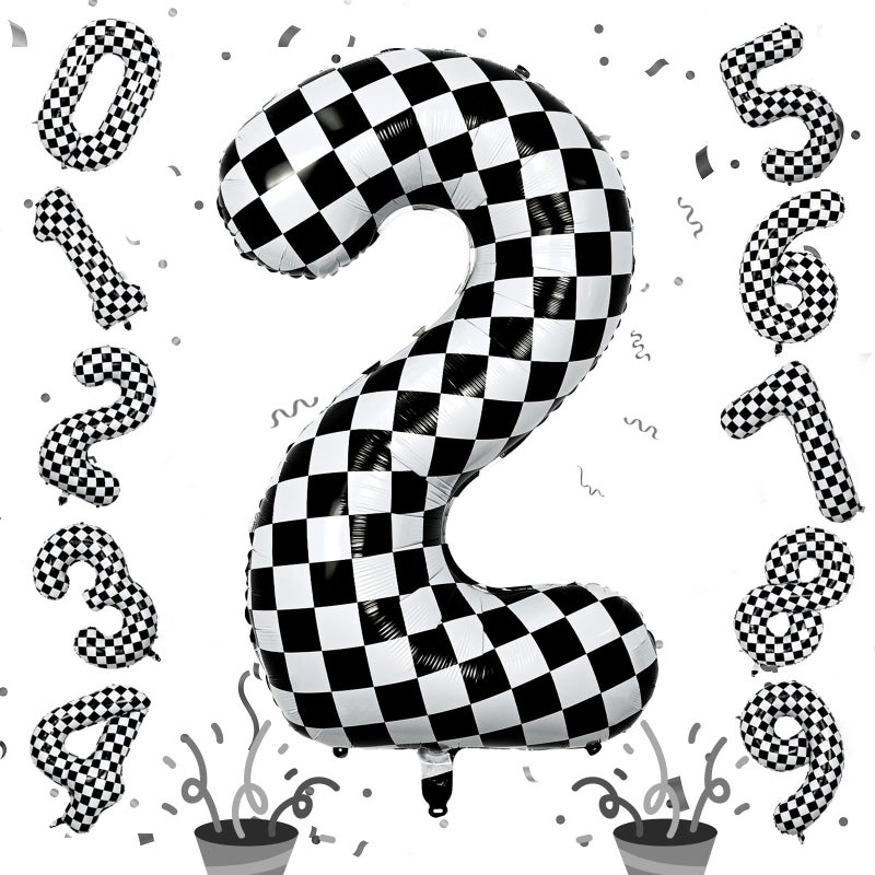 Isndare 40 Inch 2nd Birthday Number Balloon, Checkered Foil Self Inflating 2 Balloons Decor, Big Black and White Racing Helium Number 2 Balloons for Girls Boys Birthday Race Car Flag Party Decoration Supplies - Image 1