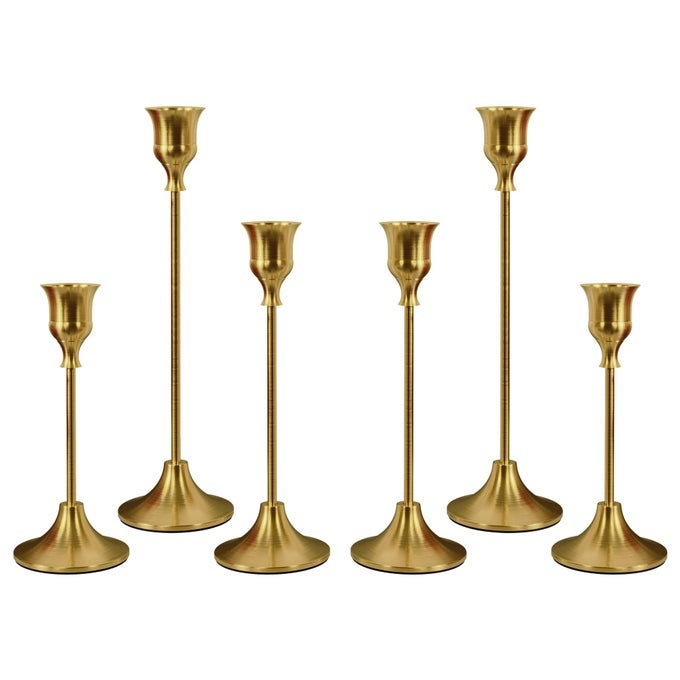 SET OF 6 BRASS GOLD CANDLE HOLDERS FOR TAPER VINTAGE CANDLESTICK HOLDER DECORATIVE METAL CANDLE STICKS HOME DECOR CENTERPIECES FOR TABLE MANTEL FESTIVE DECORATIONS