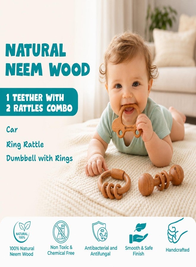 SMARTTHINKER Neem Wood Baby Activity Combo Set | 2 Wooden Rattle Toys with 1 Teether for Newborn Infants & Toddlers | Sensory Play Accessories for Babies 0-12 Months | Pack of 3 (Car + Ring Rattle + Dumbbell with Rings) - Image 2