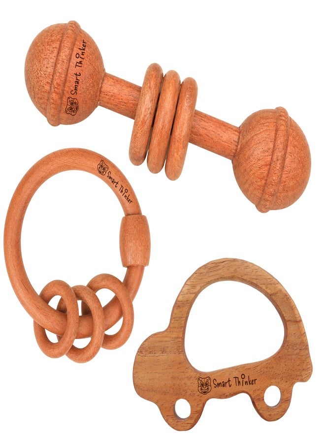 SMARTTHINKER Neem Wood Baby Activity Combo Set | 2 Wooden Rattle Toys with 1 Teether for Newborn Infants & Toddlers | Sensory Play Accessories for Babies 0-12 Months | Pack of 3 (Car + Ring Rattle + Dumbbell with Rings) - Image 1