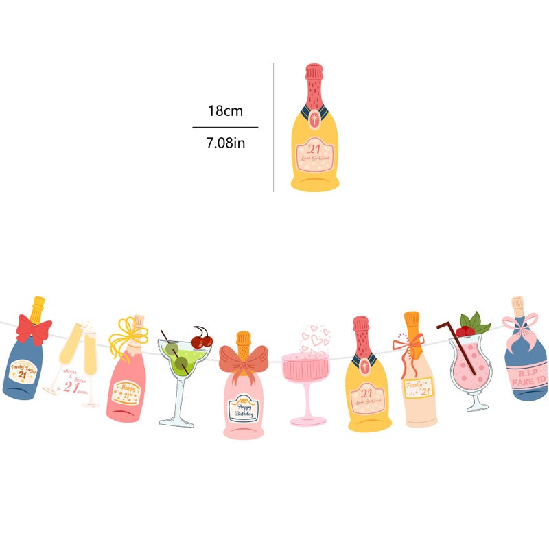 JunyRuny Pre-Strung Champagne Wine and other Drinks Bottles and Glasses Banner, Happy 21st Birthday Decorations for Her, 21 Year Old Party Decor for Women - Image 2