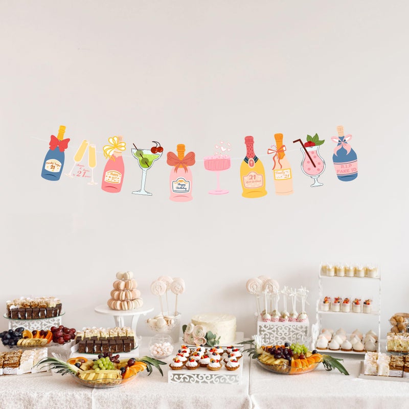 JunyRuny Pre-Strung Champagne Wine and other Drinks Bottles and Glasses Banner, Happy 21st Birthday Decorations for Her, 21 Year Old Party Decor for Women - Image 3
