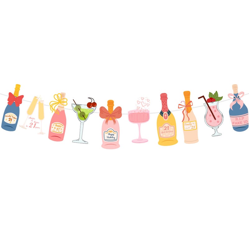 JunyRuny Pre-Strung Champagne Wine and other Drinks Bottles and Glasses Banner, Happy 21st Birthday Decorations for Her, 21 Year Old Party Decor for Women - Image 1