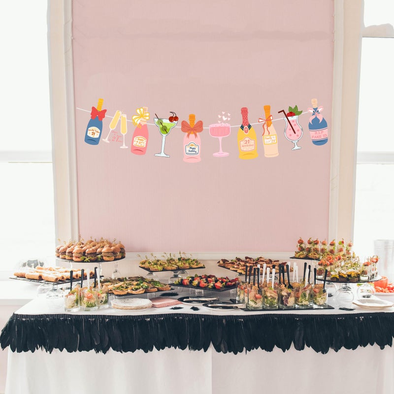 JunyRuny Pre-Strung Champagne Wine and other Drinks Bottles and Glasses Banner, Happy 21st Birthday Decorations for Her, 21 Year Old Party Decor for Women - Image 4