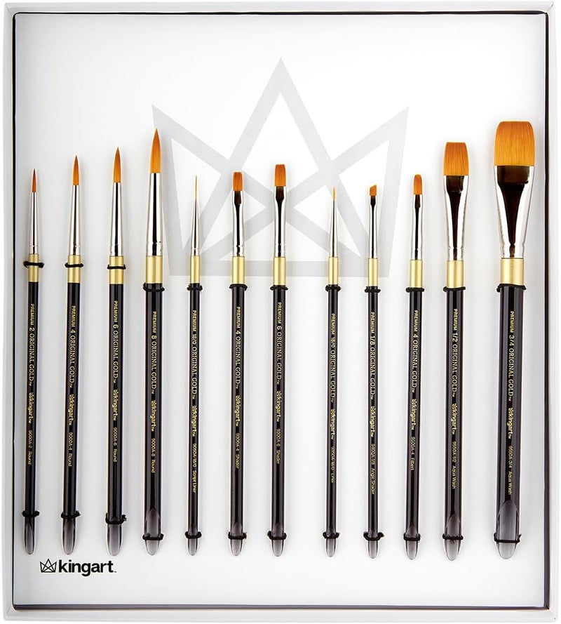 KINGART 1000D 12 PC. Premium Original Gold Series, Golden Taklon, Multimedia Artist Brush Set, Short Acrylic Aqua Handle, Gift Boxed Set of 12 - Assorted Styles - Image 2