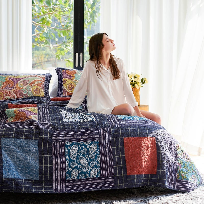 Secgo California King Quilt Size - 100% Cotton Oversized California Comforter Set Bedding Sets (120 * 110 Inch) with 2 Pillow Shams, Patchwork Reversible Lightweight Bedspread - Image 2