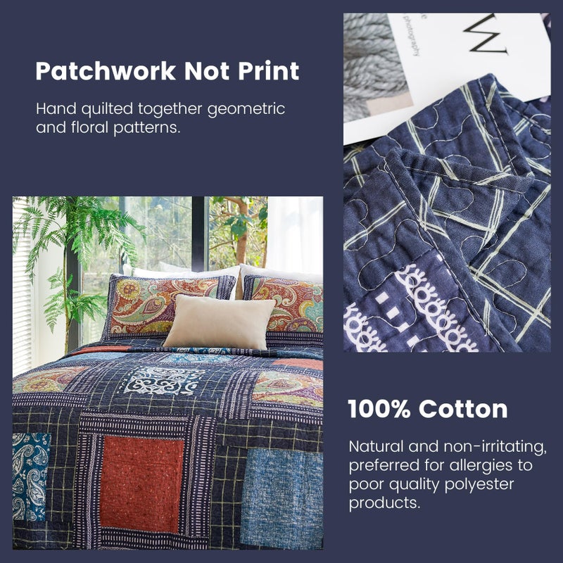 Secgo California King Quilt Size - 100% Cotton Oversized California Comforter Set Bedding Sets (120 * 110 Inch) with 2 Pillow Shams, Patchwork Reversible Lightweight Bedspread - Image 4