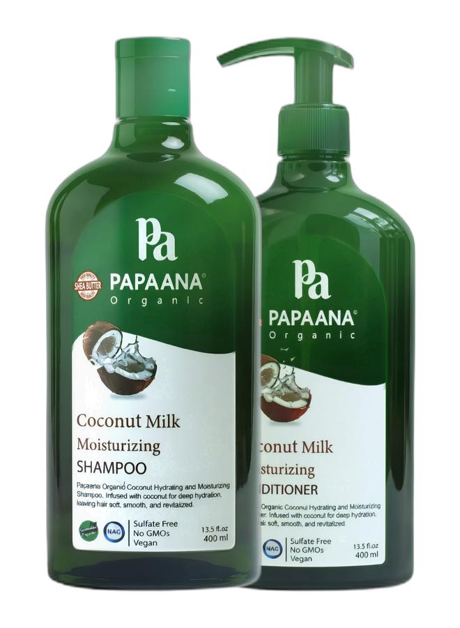 Papaana Organic شامبو مرطب بحليب جوز الهند مع زبدة الشيا – 400 مل، ترطيب عميق لشعر ناعم ولامع وصحي مع بلسم مرطب بحليب جوز الهند وزبدة الشيا – 400 مل، ترطيب عميق لشعر ناعم ولامع وصحي مع زبدة الشيا - Image 1