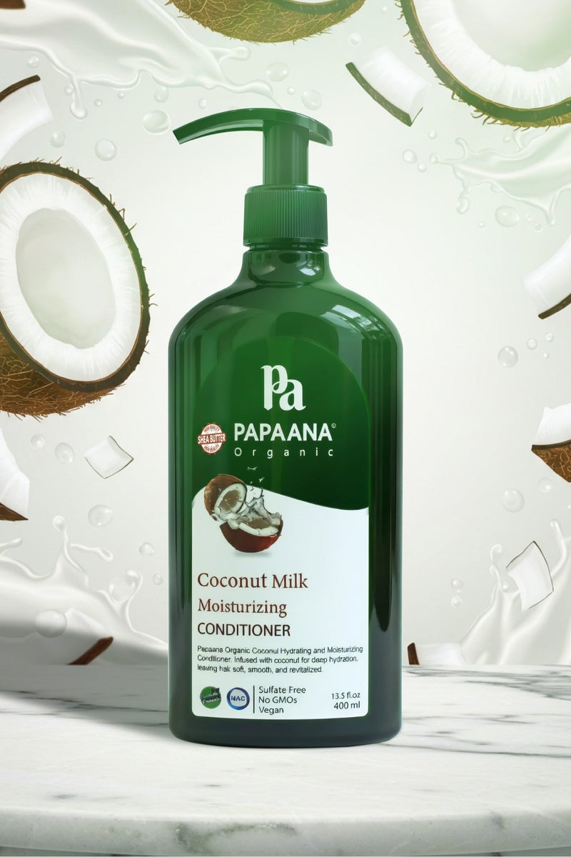 Papaana Organic شامبو مرطب بحليب جوز الهند مع زبدة الشيا – 400 مل، ترطيب عميق لشعر ناعم ولامع وصحي مع بلسم مرطب بحليب جوز الهند وزبدة الشيا – 400 مل، ترطيب عميق لشعر ناعم ولامع وصحي مع زبدة الشيا - Image 3