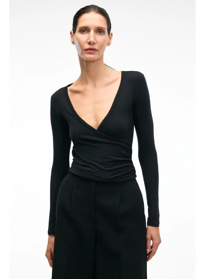 GRIMELANGE CALLORIA Women's V-Neck Long Sleeve Slim Fit Black Blouse.