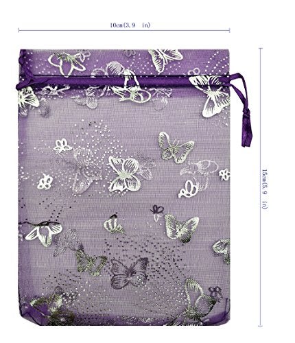 Ankirol 100pcs Sheer Organza Favor Bags Purple Butterfly Print For Wedding Gift Bags Samples Display Drawstring Pouches 4x6 - Image 5