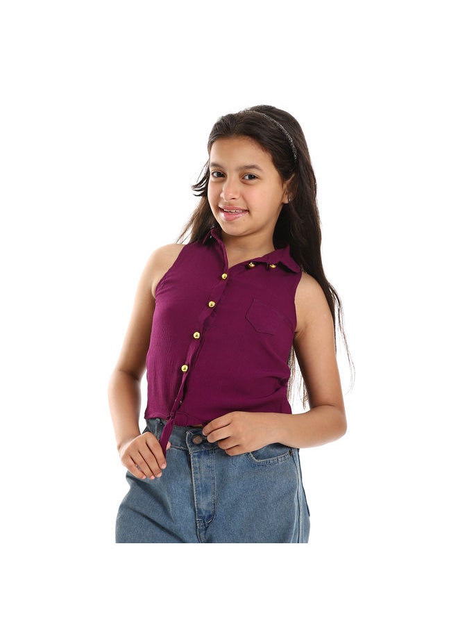Andora - Textured Sleeveless Purple Tie-able Lace Shirt-Purple - Image 1
