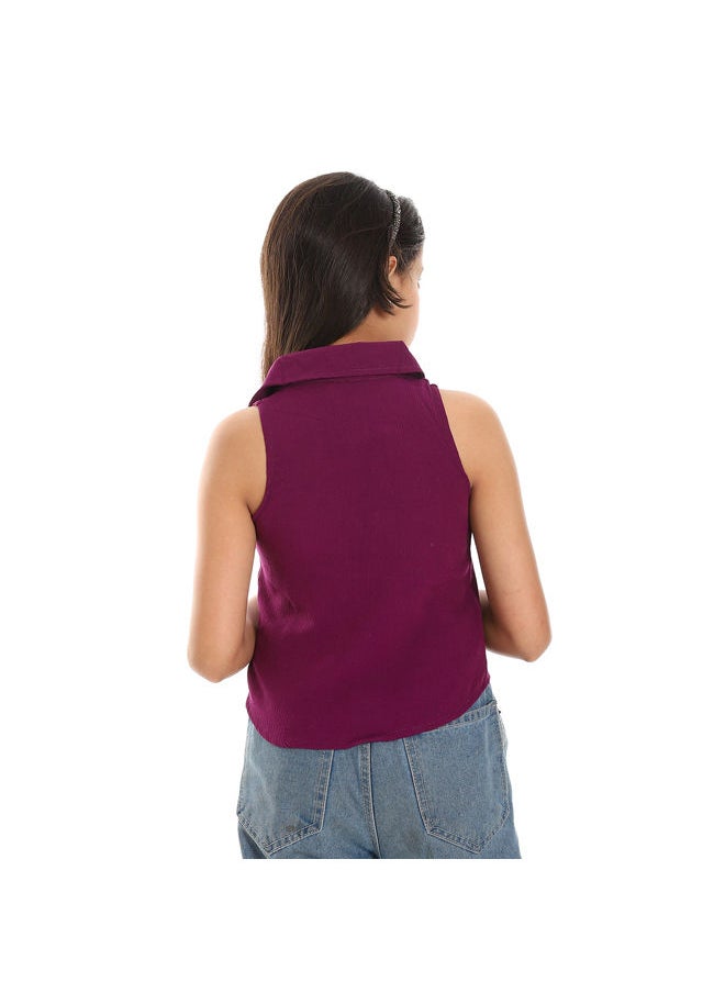 Andora - Textured Sleeveless Purple Tie-able Lace Shirt-Purple - Image 1