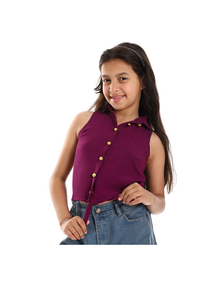 Andora - Textured Sleeveless Purple Tie-able Lace Shirt-Purple - Image 1