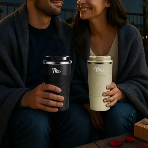 Giftana Mr and Mrs Gifts Coffee Tumbler Set of 2, Double Wall Stainless Steel Vacuum Insulated Travel Mugs Bridal Shower, Wedding Engagement Gifts for Couples, Bride and Groom, 510ml, Black and White - Image 4