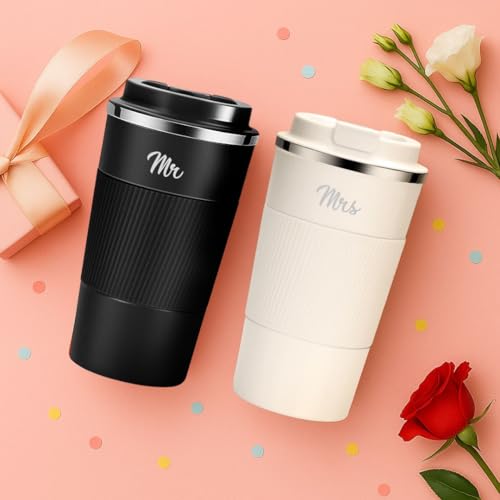 Giftana Mr and Mrs Gifts Coffee Tumbler Set of 2, Double Wall Stainless Steel Vacuum Insulated Travel Mugs Bridal Shower, Wedding Engagement Gifts for Couples, Bride and Groom, 510ml, Black and White - Image 2