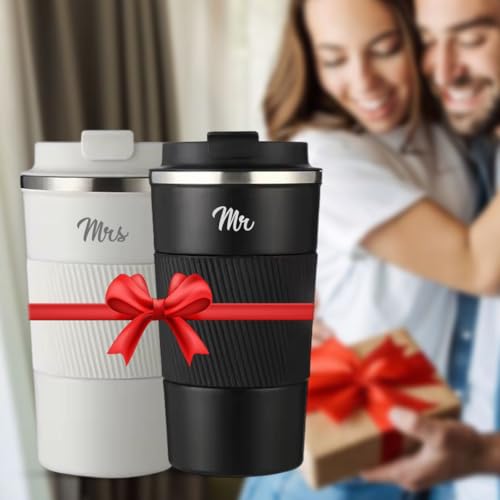 Giftana Mr and Mrs Gifts Coffee Tumbler Set of 2, Double Wall Stainless Steel Vacuum Insulated Travel Mugs Bridal Shower, Wedding Engagement Gifts for Couples, Bride and Groom, 510ml, Black and White - Image 1
