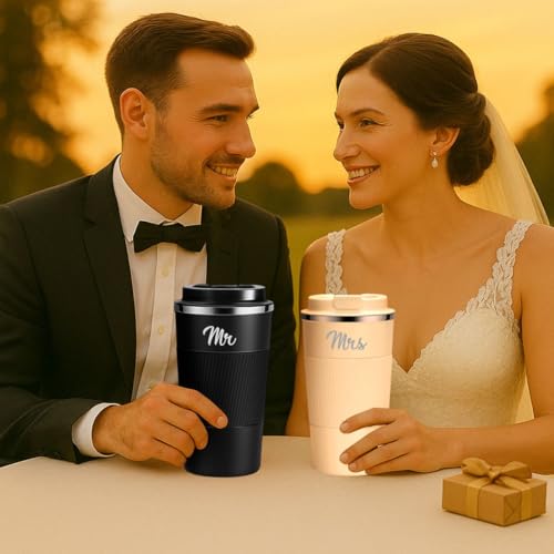 Giftana Mr and Mrs Gifts Coffee Tumbler Set of 2, Double Wall Stainless Steel Vacuum Insulated Travel Mugs Bridal Shower, Wedding Engagement Gifts for Couples, Bride and Groom, 510ml, Black and White - Image 5