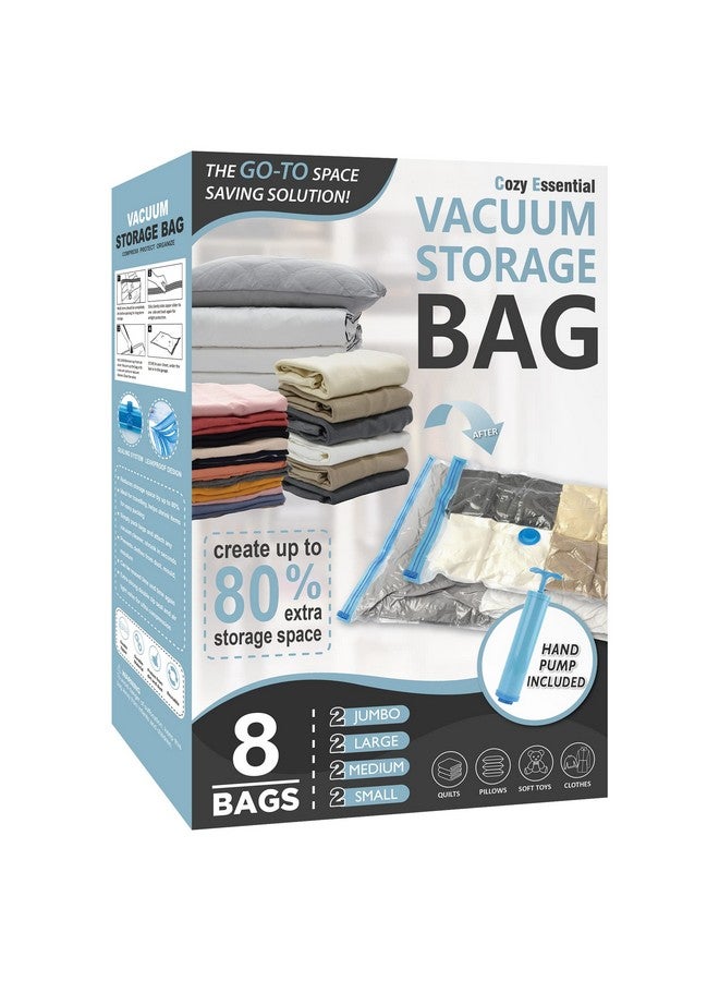 Cozy Essential 8 Pack Vacuum Storage Bags, Space Saver Bags (2 Jumbo/2 Large/2 Medium/2 Small) Compression Storage Bags for Comforters and Blankets, Vacuum Sealer Bags for Clothes Storage, Hand Pump Included - Image 1