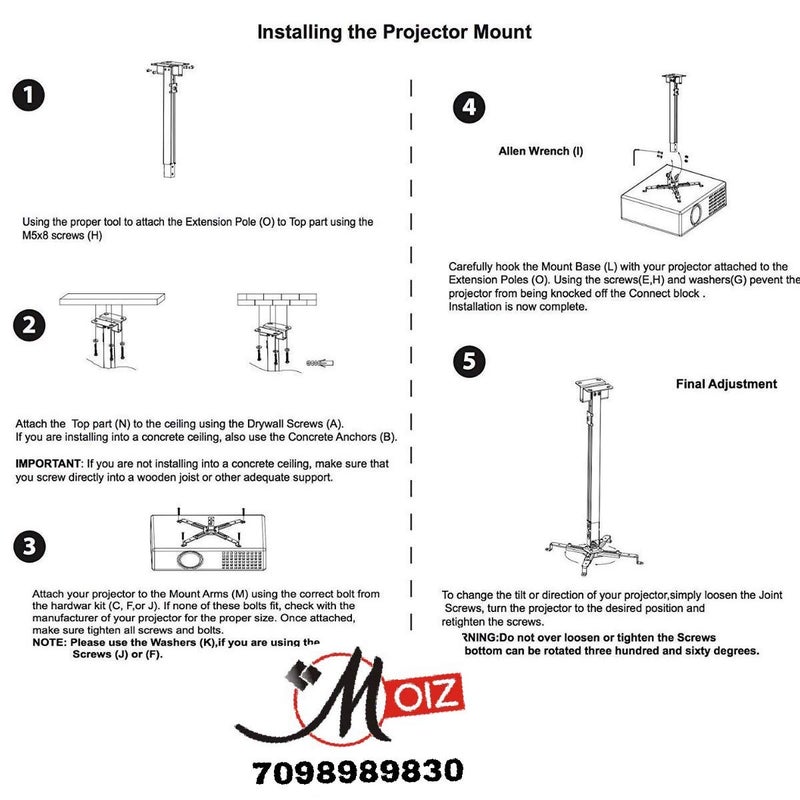 MOIZ 2 Feet Universal Projector Stand Ceiling/Wall Mount Kit Adjustable (12 Inch to 24 Inch Length, Weight Capacity - 50 Kg) - Image 2