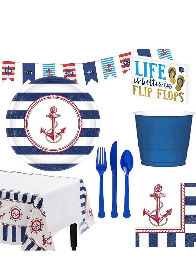 Amscan Anchors Aweigh Premium Tableware Party Supplies, Includes Plates, Cups, Cutlery, Napkins, Tablecover, Banner and Standing Plaque for 8 Guests - Image 1