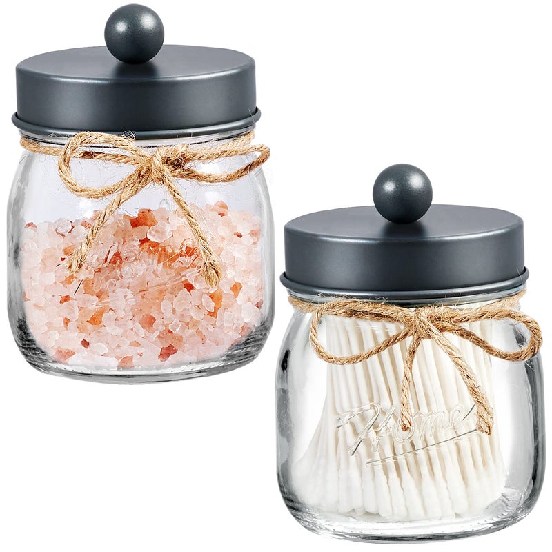 SheeChung 2 Pack Qtip Holder Bathroom Jars Cotton Swab Holders Cute Mason Jars Bathroom Shelf Decor for Cotton Balls Floss Picks  Vintage Gray