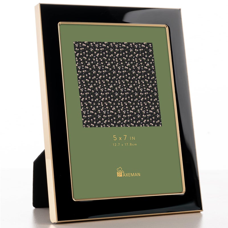 Axeman 5x7 Enamel Picture Frames with Tempered Glass|5 x 7 Modern Photo Frame with Gold Metal Edge Velvet Back for Tabletop and Wall Mount Display for Shelf  Desk & Countertop Decor  Black - Image 1