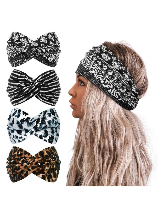 TERSE Boho Wide Headbands Turban Twist Knotted Headband Floral Printed Hair Bands Sweat Workout Sport Yoga Hair Accessories For Women And Girls 4 Pack - Image 1