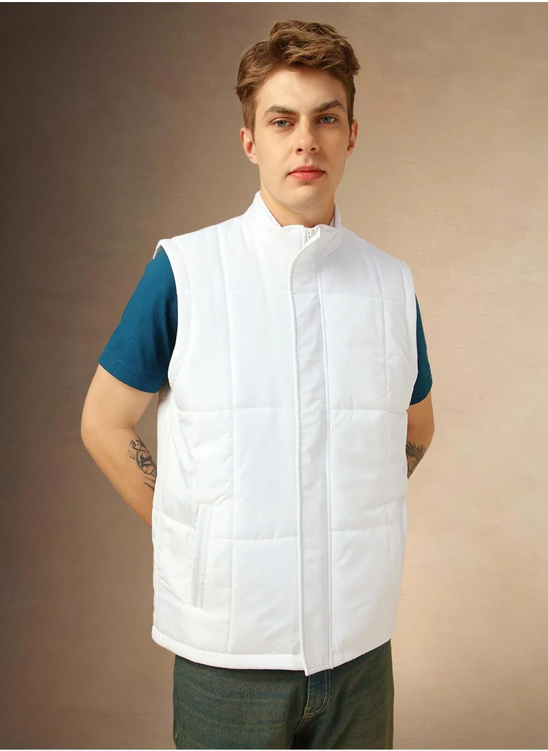 Dennis Lingo Men's White 100% Polyester Solid Regular Fit Jacket