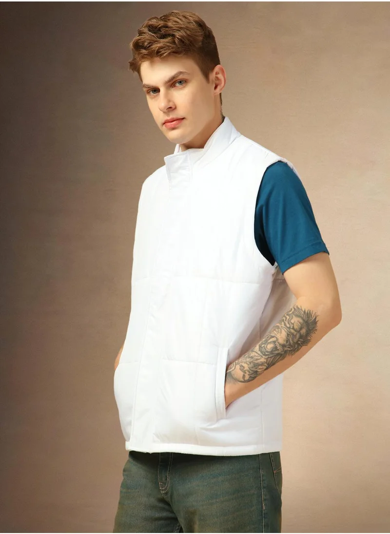 Dennis Lingo Men's White 100% Polyester Solid Regular Fit Jacket