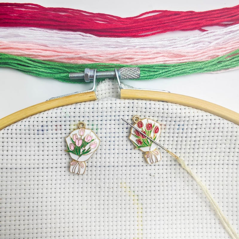 MAGNEECH 2Pcs Needle Minder for Cross Stitch, Pretty Flower Cartoon Enamel Pin,Embroidery Needlework Accessories,Gift for Cross Stitch Lover (Tulip Bouquet) - Image 1