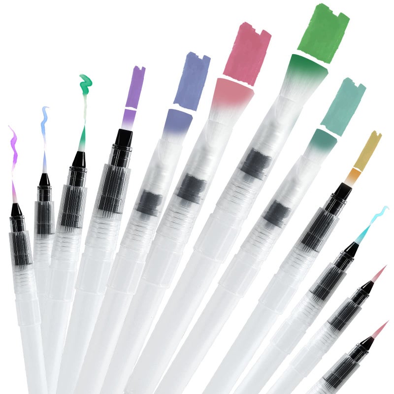 Junreox 12Pcs Watercolor Brush Pens, Premium Leakproof Water Brush Pen with 6 Assorted Tips for Aquarelle, Gouache, Acrylics, Refillable Paint Pens, Arts Value Set - Image 1