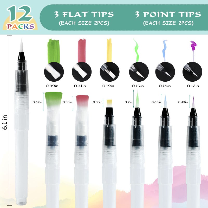 Junreox 12Pcs Watercolor Brush Pens, Premium Leakproof Water Brush Pen with 6 Assorted Tips for Aquarelle, Gouache, Acrylics, Refillable Paint Pens, Arts Value Set - Image 2
