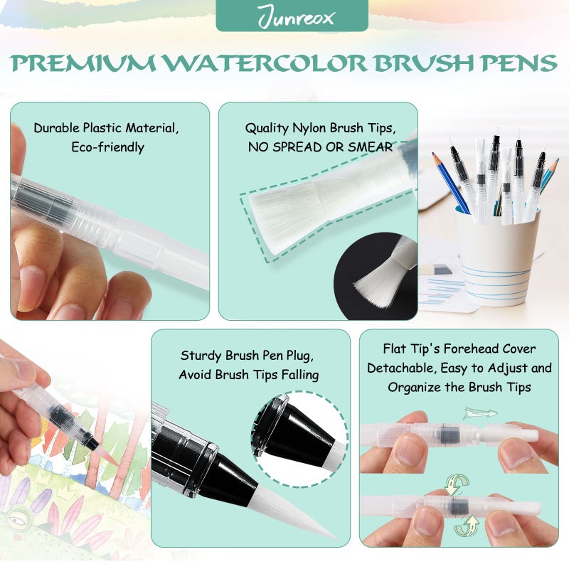 Junreox 12Pcs Watercolor Brush Pens, Premium Leakproof Water Brush Pen with 6 Assorted Tips for Aquarelle, Gouache, Acrylics, Refillable Paint Pens, Arts Value Set - Image 5