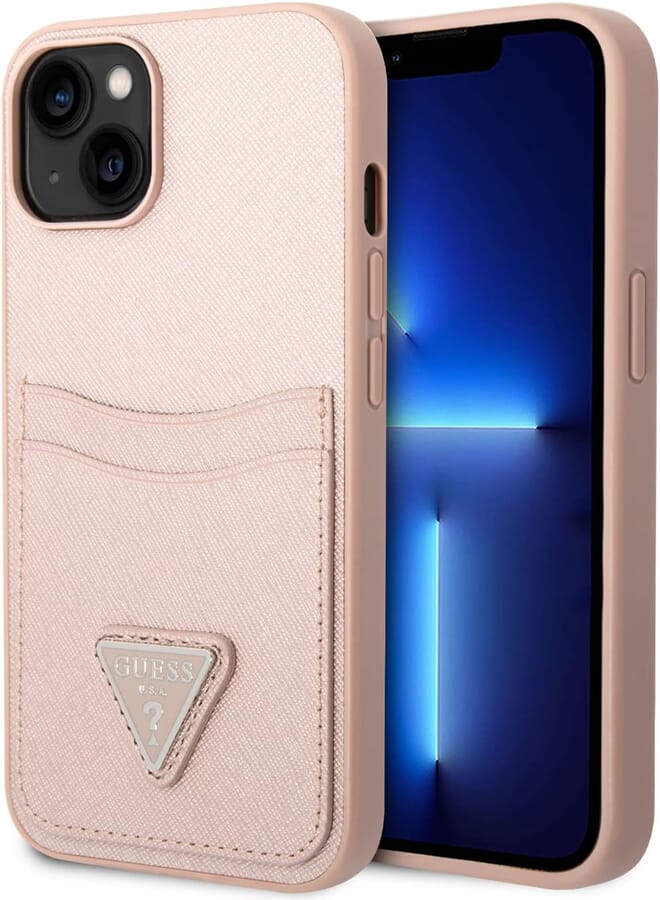 CG Mobile Guess PU Saffiano Case With Double Cardslot & Metal Triangle Logo With Anti-Scratch, Anti-Dust, Shockproof and Extra Protective Shield Compatible With iPhone 14 Plus (Pink)