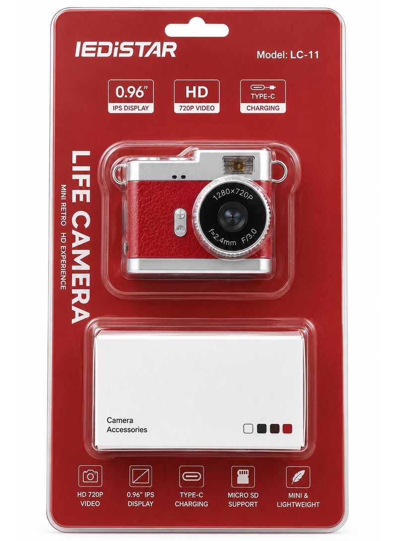 كاميرا IEDISTAR LC-11 الرقمية الصغيرة ذات التصميم الكلاسيكي، حمراء اللون، عالية الدقة 720 بكسل، محمولة، تُعلق على سلسلة المفاتيح، مزودة بشاشة IPS، قابلة لإعادة الشحن من النوع C، كاميرا جيب