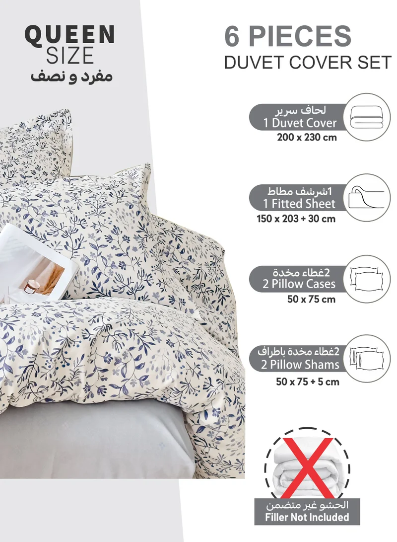 Donetella Printed Duvet Set, Queen Size 200x230 cm - 6-Pcs Bed Set, Microfiber Fabric - 1 Duvet Cover, 1 Fitted Sheet, 2 Pillow Shams, 2 Pillowcases (Filler Not Included)