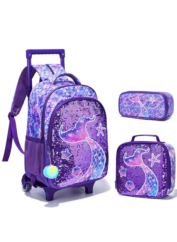 JCB CHIC مجموعة من 3 قطع حقيبة ظهر متدحرجة للأطفال، حقيبة كرتونية لطيفة ذات عجلتين مع صندوق غداء وحقيبة أقلام، حقيبة سفر متعددة الجيوب للأطفال، حقيبة يد للأطفال الصغار في المرحلة الابتدائية - Image 1